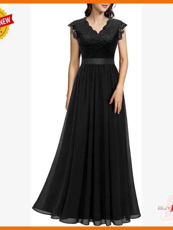 Dresses & Skirts - V-Neck Sleeveless Lace Formal Gown, Zipper Back, Chiffon Skirt